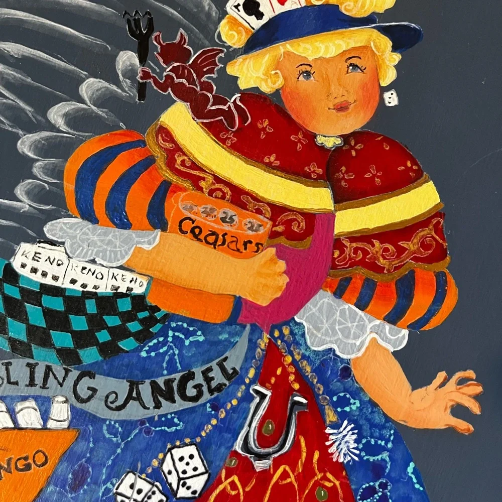 Hand Painted “Gambling Angel” Wooden Scrapbook Vintage Folk Art 12”x10”
